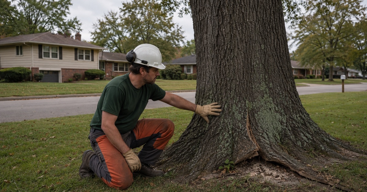 Worker reading the root flare of a mature post oak on a Smyrna lawn where the turf has lifted at the plate.