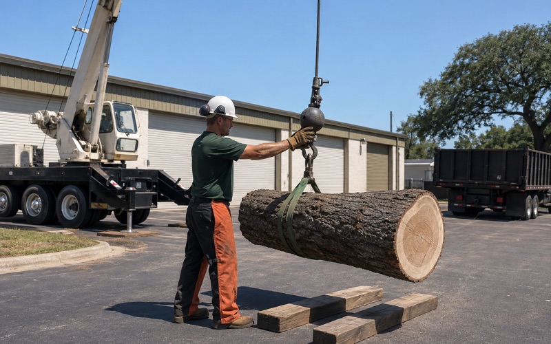 Worker steadying the crane hook block as a post oak section is taken off a tight Smyrna commercial lot.