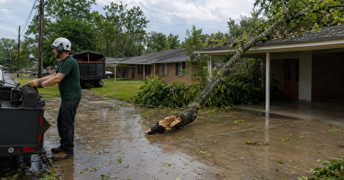 Worker at the winch drum drawing a storm-broken chinkapin oak leader off a Smyrna carport roof.