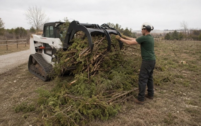 Worker guiding the grapple arm as it lays eastern red cedar stems onto a windrow at the edge of a Smyrna lot.
