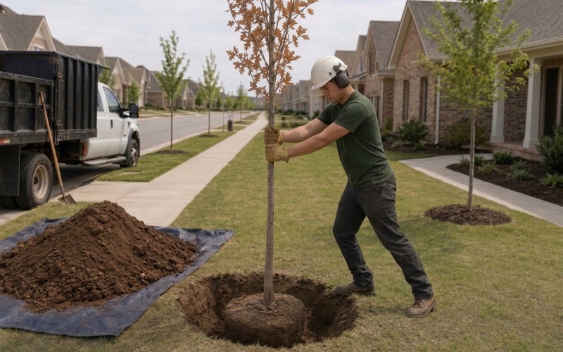 Worker steadying a young chinkapin oak by its stem as it is set into a planting hole on a new Smyrna lot.