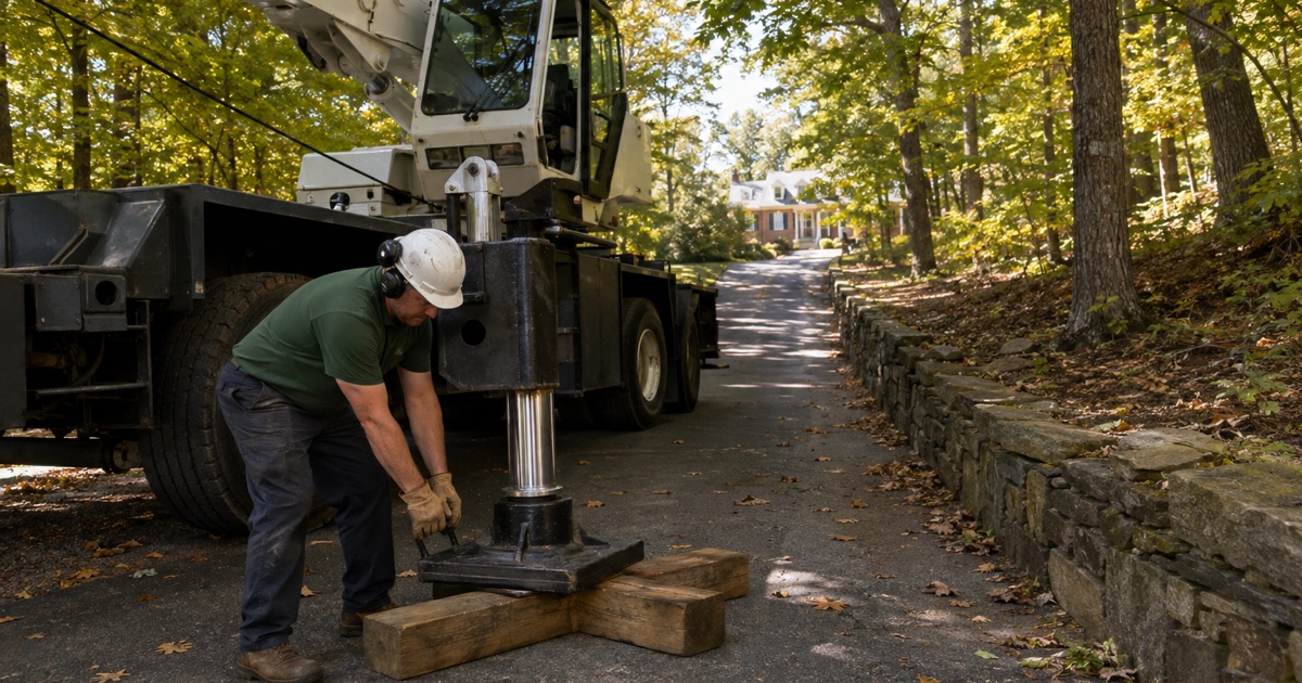 Worker setting the crane’s outrigger pad down onto cribbing on a long private drive under mature Brentwood canopy.
