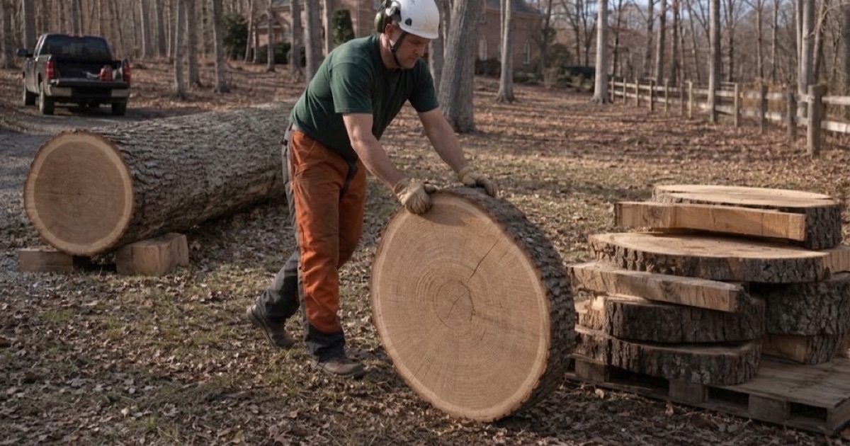 Worker walking a white oak round clear of the felled stem on a wooded Forest Hills lot.