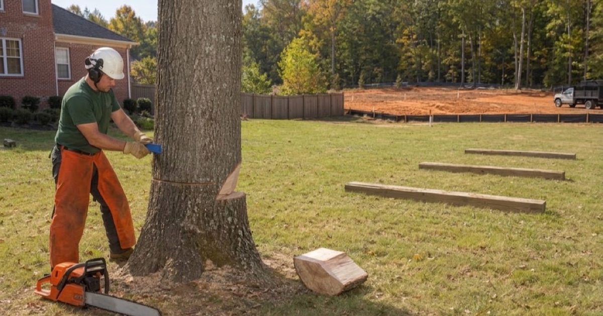 Worker seating a felling wedge in the back cut of a white oak on a Franklin lot beside a graded development area.