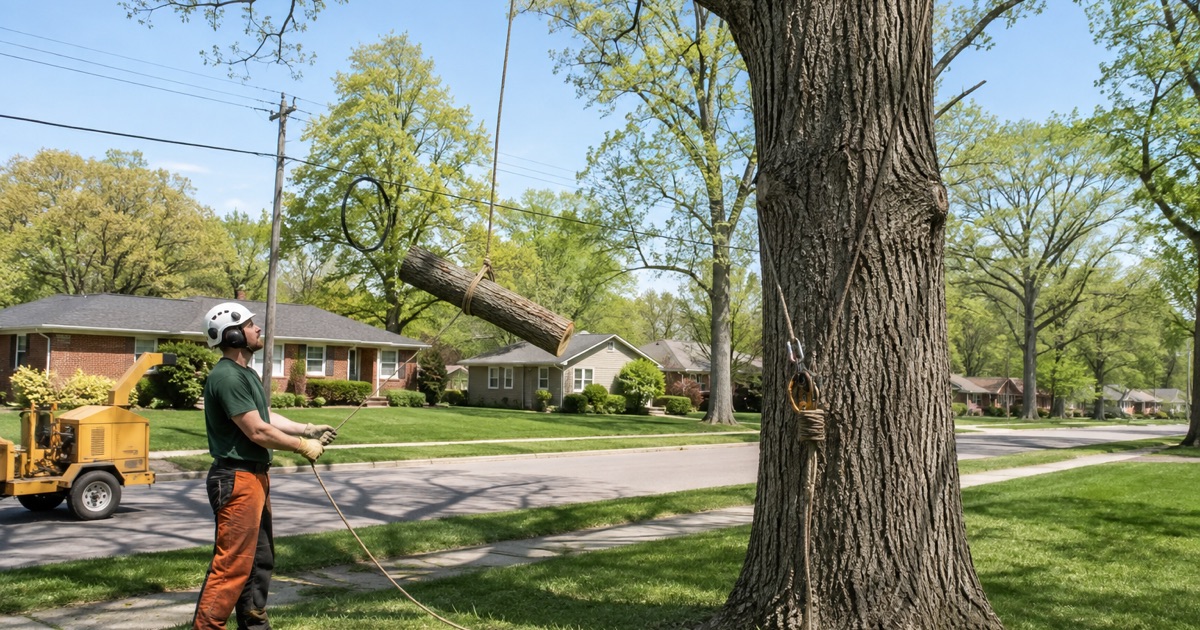 Worker holding the tail of the lowering rope under a white oak limb in Gallatin, the service line already dropped and slack.
