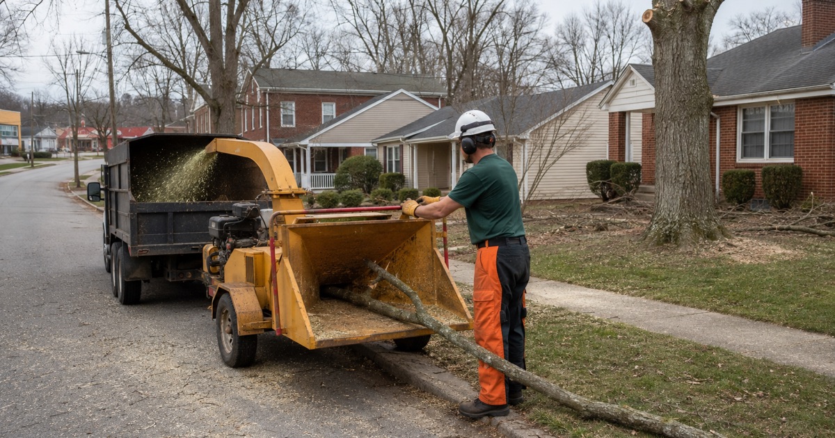 Worker feeding cut white oak limbs into the chipper from the side of the infeed on a Goodlettsville street.