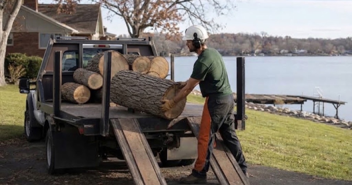 Worker guiding a white oak cull log down onto the log bunk of his own truck on a Hendersonville lakeshore lot.