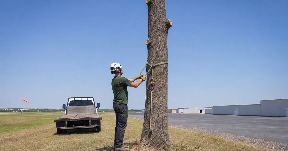 Worker setting a rigging sling on a post oak spar being reduced under the airport height limit in La Vergne.