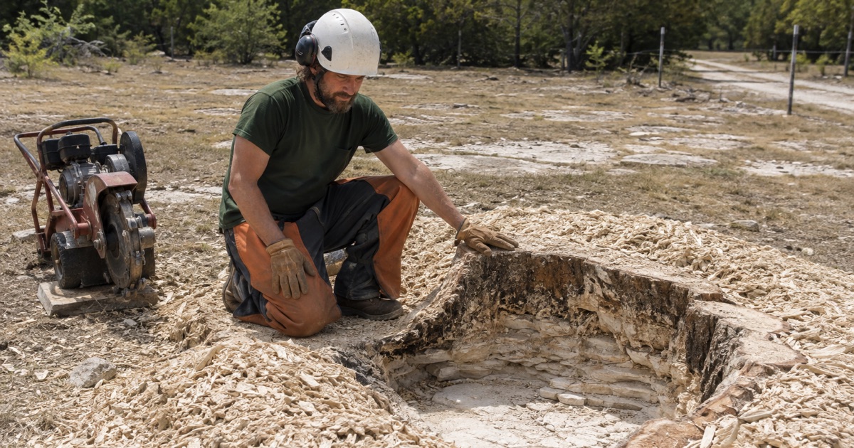 Worker crouched at a ground-out eastern red cedar stump in Lebanon where the cut has bottomed out on bedded limestone.