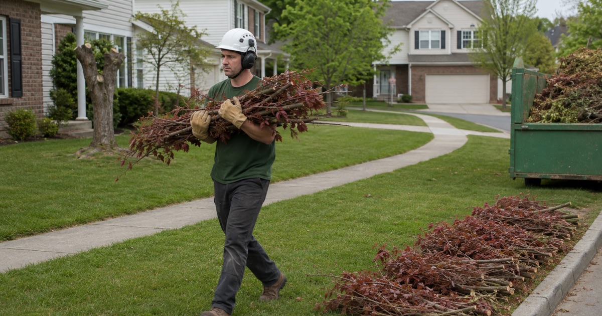 Worker carrying bundled red maple branches to the curb pile on a Mount Juliet cul-de-sac.