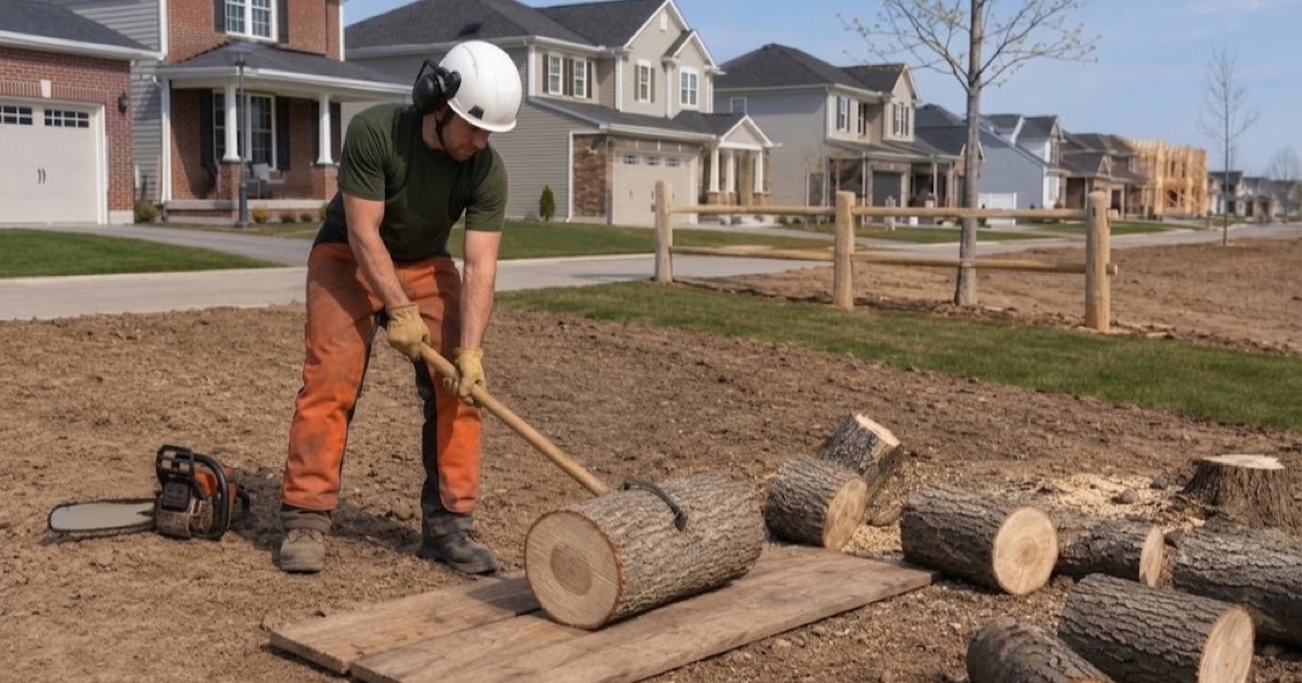 Worker rolling a cut sugar maple length onto boards on a Nolensville lot being graded for a new drive.