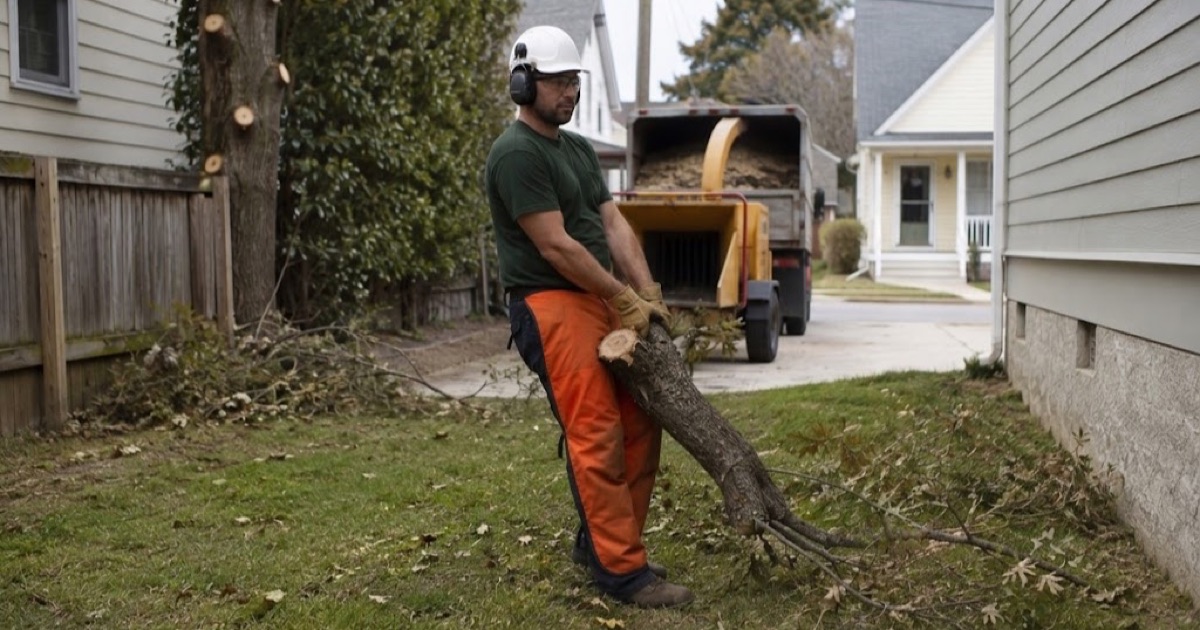 Worker carrying a lowered limb butt to the chipper after an overhanging limb was cut back to a Smyrna property line.