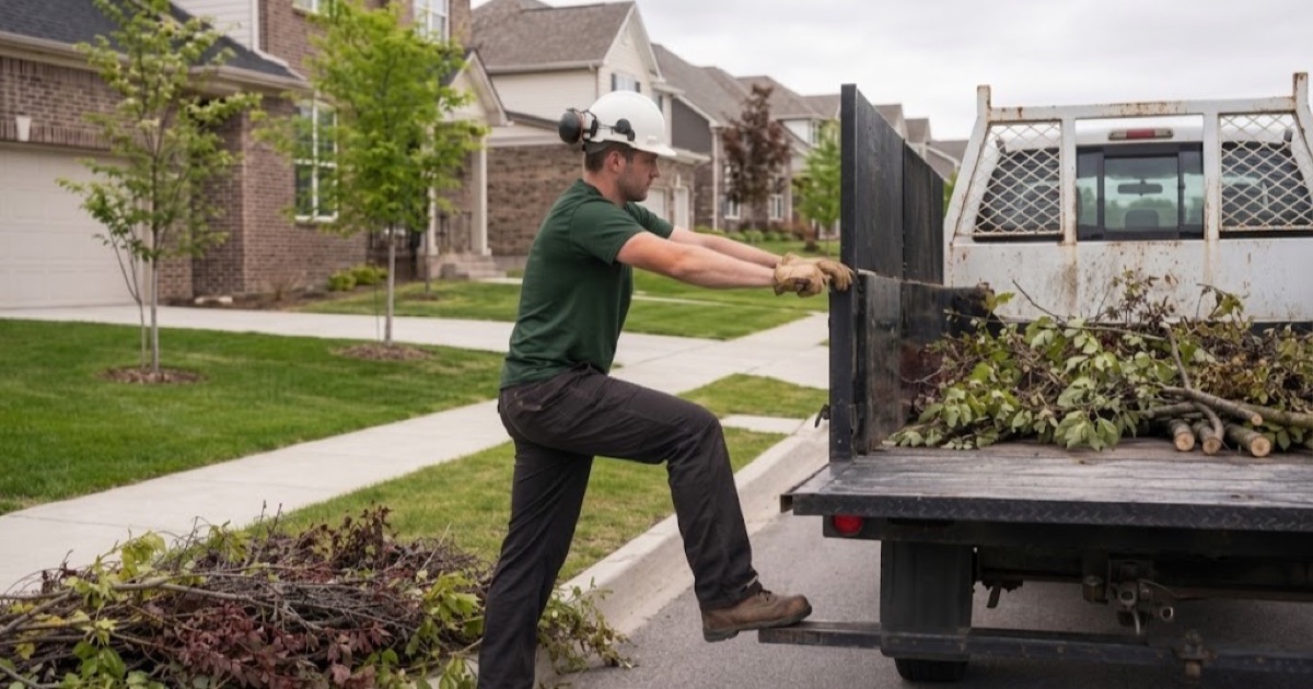 Worker leaning on the tailboard rail as cut red maple limbs are loaded on a Spring Hill subdivision street.