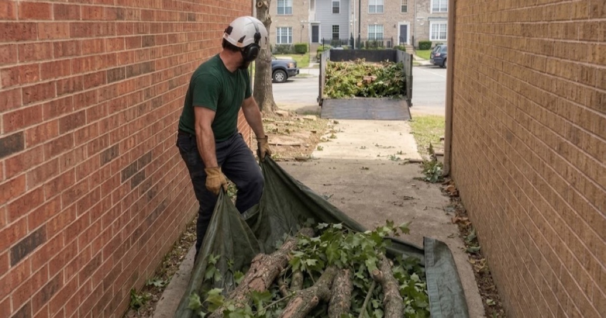 Worker dragging a loaded tarp of cut post oak limbs out through a narrow Murfreesboro side yard to the truck.